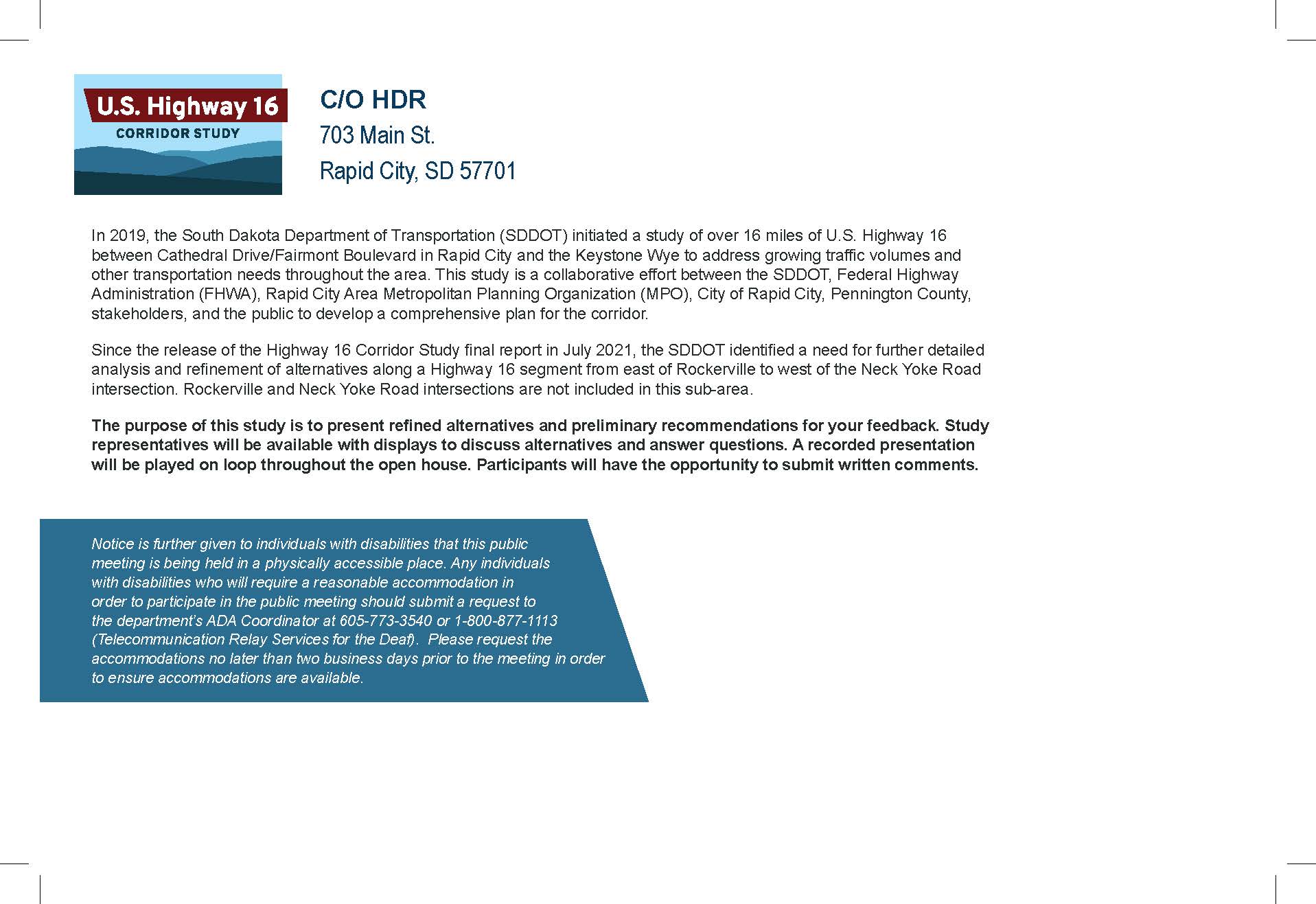 SDDOT postcard: US16 Corridor Study public meeting and open house
